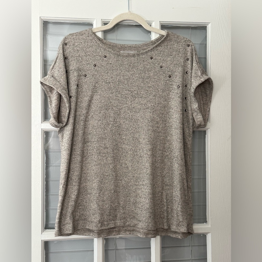 Linda Matthews Women’s 1X Heather Gray Studded Cuff Sleeve Sweater | SKU 0702